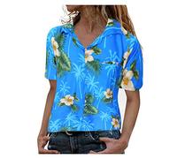 Briskorry Women's Hawaii Shirt V-Neck Elegant Tops for Spring and Summer Turn-Down Collar Casual Loose Short Sleeve Shirt Front Pocket Leaf Flowers Palm Print Top