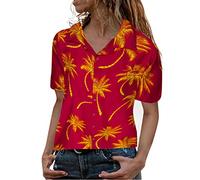 Briskorry Women's Hawaii Shirt V-Neck Elegant Tops for Spring and Summer Turn-Down Collar Casual Loose Short Sleeve Shirt Front Pocket Leaf Flowers Palm Print Top