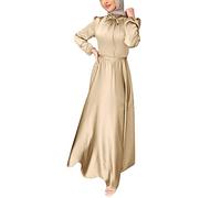 Briskorry Women's Muslim Maxi Dress with Belt Long Sleeve Plain Leisure Dress for Women Muslim Robe Headwear Mosque Prayer Clothing for Ethnic