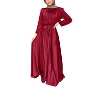 Briskorry Women's Muslim Maxi Dress with Belt Long Sleeve Plain Leisure Dress for Women Muslim Robe Headwear Mosque Prayer Clothing for Ethnic