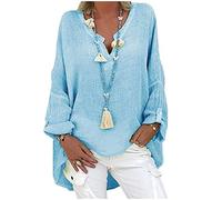 Briskorry Women's Tunic Linen Look Top Plain V-Neck Long Sleeve Shirt Summer Autumn Loose T-Shirts Casual Loose Elegant Shirt Blouse Vintage Tunic Tops