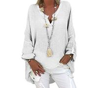 Briskorry Women's Tunic Linen Look Top Plain V-Neck Long Sleeve Shirt Summer Autumn Loose T-Shirts Casual Loose Elegant Shirt Blouse Vintage Tunic Tops