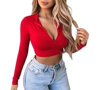Briskorry Y2K Top Long Sleeve Crop Tops Women's Y2K Tops Crop Tight T-Shirt V-Neck Long Sleeve Shirt Sexy Skims Stockholm Style Clothes Classic Plain Streetwear Teenager Girls