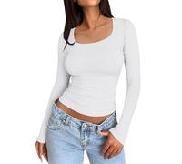 Briskorry Y2K Top White Crop Top Long Sleeve White Top Crop Tight Tee Shirts Long Sleeve Scoop Neck Top Y2K Athletic Base Shirt Plain Classic Streetwear Teenager Girls