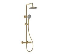 Bristan Buzz Thermostatic Diverter Bar Mixer Shower - Exposed Safe Touch Brushed Brass Shower Mixer with Round Fixed Shower Head, Hose, and Multi Spray Pattern Shower Head, BUZ SHXDIVCTFF BB