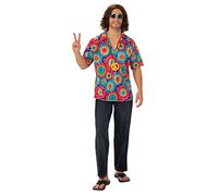 Mens Hippie Top & Necklace Costume Groovy Psychedelic Peace Fancy Dress Outfit