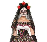 Bristol Novelty Day of the Dead Veil - Black/Red/Green - Black/Red/Green - One Size