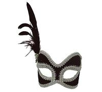 Bristol Novelty Female Eye Mask Glasses Frame, PET, Feather, Polyester, Acrylic Stone, Black and Silver, One Size