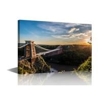 Bristol UK Clifton Suspension Bridge Canvas Wall Art - 1 Piece Sunset and Sunbeams Decor for Living Room, Bedroom, Office - Framed Ready to Hang (12''Wx 18''H)
