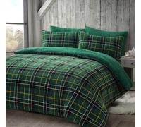 Brit House Tartan Teddy Sherpa Fleece Warm Duvet Cover Set with Pillow Covers and Throw Blanket - Soft Furnishing (Green, Single)