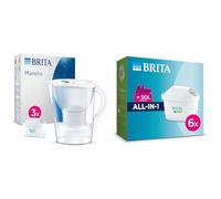 BRITA Marella Water Filter Jug Starter Pack - White (2.4 Litre) & MAXTRA PRO All In One Water Filter Cartridge,Pack of 6 - Original BRITA refill reducing impurities, chlorine, pesticides