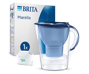 BRITA Water Filter Jug MAXTRA Marella, 1x Pure Performance cartridge | Blue (2.4L) fridge-fitting pitcher with digital LTI, Flip-Lid, reducing PFAS, chlorine, metals & more (SmartBox packaging)