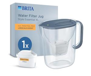 BRITA Water Filter Jug Style Essential XL Stone Blue (3.6L) incl. 1x MAXTRA PRO Limescale Expert Cartridge | Large Volume Pitcher With Smart Light LTI & Flip-Lid - Filtering Impurities, Metals & More