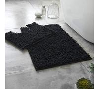 BritAces 2 Piece Chenille Bath Mat Set - Ultra Soft Non Slip Bathroom Rugs - Super Absorbent Loop Design Toilet & Pedestal Mat Set - Luxury Washable Mats for Shower and Bathroom Floor - Black
