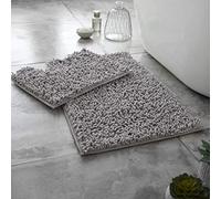 BritAces 2 Piece Chenille Bath Mat Set - Ultra Soft Non Slip Bathroom Rugs - Super Absorbent Loop Design Toilet & Pedestal Mat Set - Luxury Washable Mats for Shower and Bathroom Floor - Silver