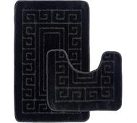 BritAces Greek Pattern 2 Piece Bath Mat Set - Non Slip Bathroom Rugs - Extra Absorbent Quick Dry Toilet & Pedestal Mat Set - Soft Washable Modern Bathroom Floor Mats - 50x80, 50x40 cm - Black