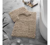 BritAces Zero Twist Plush Bath Mat Set - 2Piece Soft Microfibre Bathroom Rug With Pedestal Mat - Non Slip Absorbent Fluffy Design - Machine Washable Bathroom Floor Mats, 50x80cm - Natural
