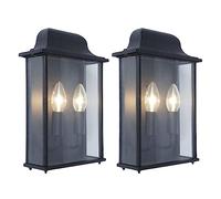 Britalia 2 Pack - Black & Clear Glass Panel Outdoor Vintage Flush 2 Lamp Coach Lantern Wall Light | IP44 Rated | 34cm Height | 2 x SES E14 Lamps Required | Garden - Patio - Driveway | Aluminium