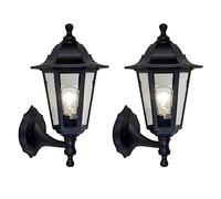 Britalia 2 Pack - Black & Clear Glass Panel Outdoor Vintage Up Coach Lantern Wall Light | IP44 Rated | 36cm Height | 1 x ES E27 Lamp Required | Garden - Patio - Driveway | Polycarbonate Coastal