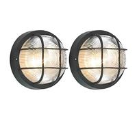 Britalia 2 Pack - Black & Ribbed Glass Outdoor Vintage Round Flush Bulkhead Wall Light | 180mm Diameter | IP44 Rated | 1 x ES E27 Lamp Bulb Required | Bathroom Use | UK Approved