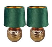Britalia 2 Pack - Gold Ceramic Vintage Hammered Globe Table Desk Lamp with Green Velvet Shade | 26cm Height | 1 x SES E14 Lamp Bulb Required | UK Approved | Retro Design | Tapered Drum Lampshade