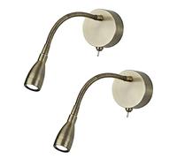 Britalia 2 Pack - LED Antique Brass Flexible Switched Modern Reading Wall Light | 0.8W 30lm 6500k LED | IP20 | UK Approved | Bendy Stem | Toggle Switch | Bedroom Lights