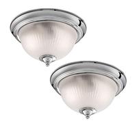 Britalia 2 Pack - Polished Chrome & Frosted Ribbed Glass Bathroom Vintage Round Flush Ceiling Light 290mm | 2 x E14 SES Lamp Bulbs Required (Not Included) | IP44 Rated | Suitable for Outdoor Use