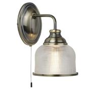 Britalia Antique Brass & Clear Holophane Glass Dome Shade Vintage Switched Wall Light | 25cm Height | 1 x E27 Lamp Bulb Required | Bedroom - Living Room | Pull Cord Switch