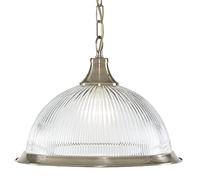 Britalia Antique Brass & Clear Ribbed Glass Dome Vintage Pendant Ceiling Light | 34cm Diameter | 1 x E27 ES Lamp Bulb Required (Not Included) | American Diner Retro Design