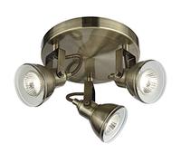 Britalia Antique Brass Vintage Retro 3 Lamp Round Plate Adjustable Spot Light | Requires 3 x GU10 Bulbs (Not Included) | Gloss White Inner Shades