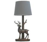 Britalia Antique Gold Resin Standing Sika Deer Sculpture Vintage Table Lamp with Grey Cotton Tapered Drum Shade | 44cm Height | 1 x E14 Lamp Bulb Required | UK Approved | High Definition Resin Stag