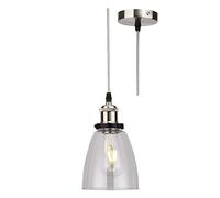 Britalia Brushed Chrome & Clear Conical Tulip Glass Vintage Retro Pendant Ceiling Light | 14cm Diameter | Silver Braided Cable | 1 x ES E27 Lamp Bulb Required | 240 Volts | Bedroom - Lounge - Kitchen