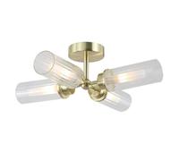 Britalia Ceiling Light, Bathroom, 39cm, Satin Brass, Metal with Ribbed Glass, Vintage Style, 14cm x 39cm, Indoor Outdoor IP44 Rated, G9 Electric, 4 lamp