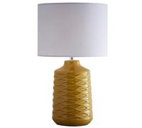 Britalia Ceramic Table Lamp, Yellow Geometric Ripple Base, White Linen Shade, 43 cm