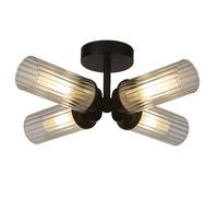 Britalia Matt Black Ceiling Light, Bathroom, 4 Lamp, 39cm x 14cm, Ribbed Glass, Vintage, IP44, Indoor and Outdoor