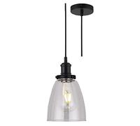 Britalia Matt Black & Clear Conical Tulip Glass Vintage Retro Pendant Ceiling Light | 14cm Diameter | Black Braided Cable | 1 x ES E27 Lamp Bulb Required | 240 Volts | Bedroom - Lounge - Kitchen