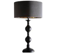 Britalia Modern Candlestick Table Lamp, Black Metal Base, Grey Velvet Drum Shade with Gold Inner, 46cm Height