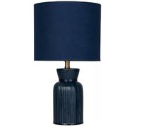 Britalia Navy Blue Ribbed Ceramic Vintage Table Lamp with Navy Velvet Drum Shade, SES E14, 38cm