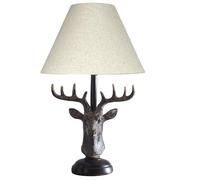Britalia Rustic Brown Stag Deer Head Sculpture Vintage Table Lamp with Tapered Linen Drum Shade | 50cm Height | 1 x ES E27 Lamp Bulb Required | UK Approved | High Definition Resin Animal