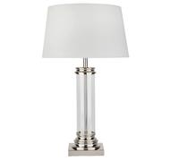 Britalia Satin Chrome and Clear Glass Table Lamp with Off White Fabric Shade, E27 ES, 37cm x 63cm, Inline Switch