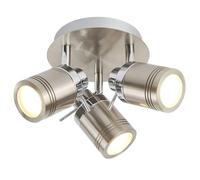 Britalia Satin Silver Chrome Bathroom 3 Lamp Adjustable Round Plate Ceiling Spot Light | 28cm Diameter | IP44 Rating | Cylindrical Heads | 3 x GU10 Lamps Required | 240V UK | Stainless Steel