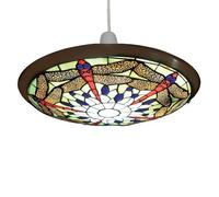 Britalia Tiffany Glass Pendant Shade, Domed, Green Dragonfly Pattern, 35cm, Antique Brass Finish, Art Deco Style