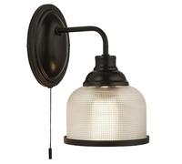 Britalia Vintage Dome Wall Light, Bedroom Living Room, 25cm, Matt Black, Metal with Holophane Glass, Industrial, 24.5cm Height, Indoor, Pull Cord Switch