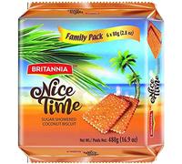 Britannia Nice Time Coconut Biscuit Family Pack 480g (Pack of 1) - Topped with Sugar Crystals - Offers A Wholesome Teatime Experience - Cracker Cookies Snacks for Kids