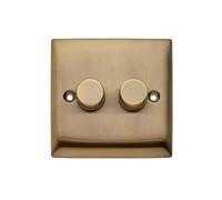 Britelite Double Dimmer Switch - Antique Brass Finish 2 Gang 2 Way Trailing Edge Dimmer Switch With Push On/Off Rotary Control For LED And Halogen Bulbs, Suitable For Domestic And Commercial Use