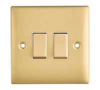 Britelite Double Light Switch - Brushed Brass Finish 1 Gang 2 Way On/Off Control, Premium Zinc Material Electrical Rocker for Modern Home Decor, Easy Installation with Fixings Included