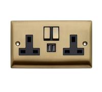 Britelite Double Plug Socket with 2 USB-A Ports, Antique Brass, 13A | Integrated USB charging ports; type g UK wall outlet; antique brass finish type g 13A outlet; wall hardware for home décor.