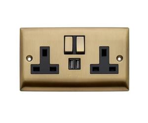 Britelite Double Plug Socket with 2 USB-A Ports, Antique Brass, 13A | Integrated USB charging ports; type g UK wall outlet; antique brass finish type g 13A outlet; wall hardware for home décor.