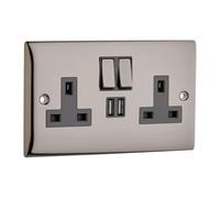 Britelite Double Plug Socket with 2 USB Ports, Black Nickel, 13A | Integrated USB charging ports; type g UK wall outlet; black nickel finish type g 13A outlet; wall hardware for home décor.
