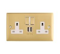 Britelite Double Plug Socket with 2 USB Ports, Brushed Brass, 13A | Integrated USB charging ports; type g UK wall outlet; brushed brass finish type g 13A outlet; wall hardware for home décor.